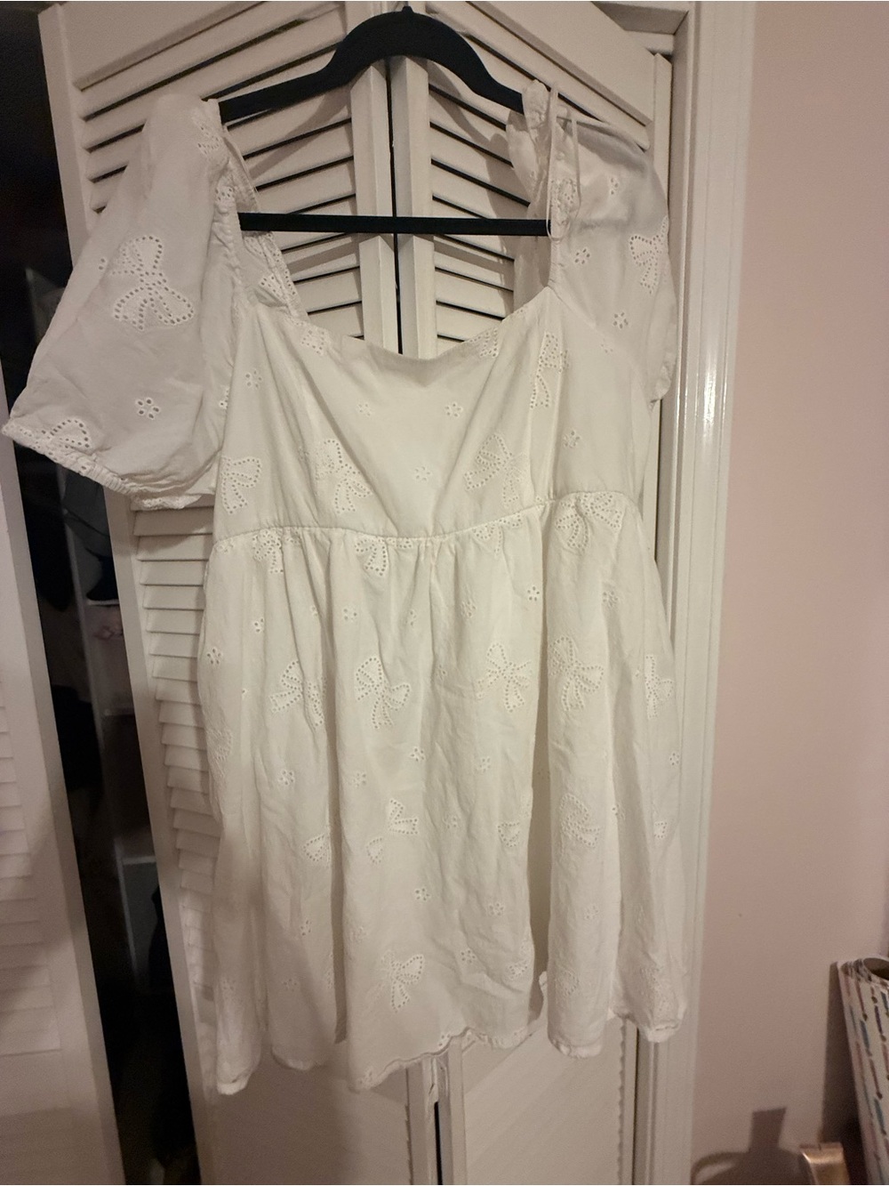 White Eyelet Puff Sleeve Mini Dress - arula